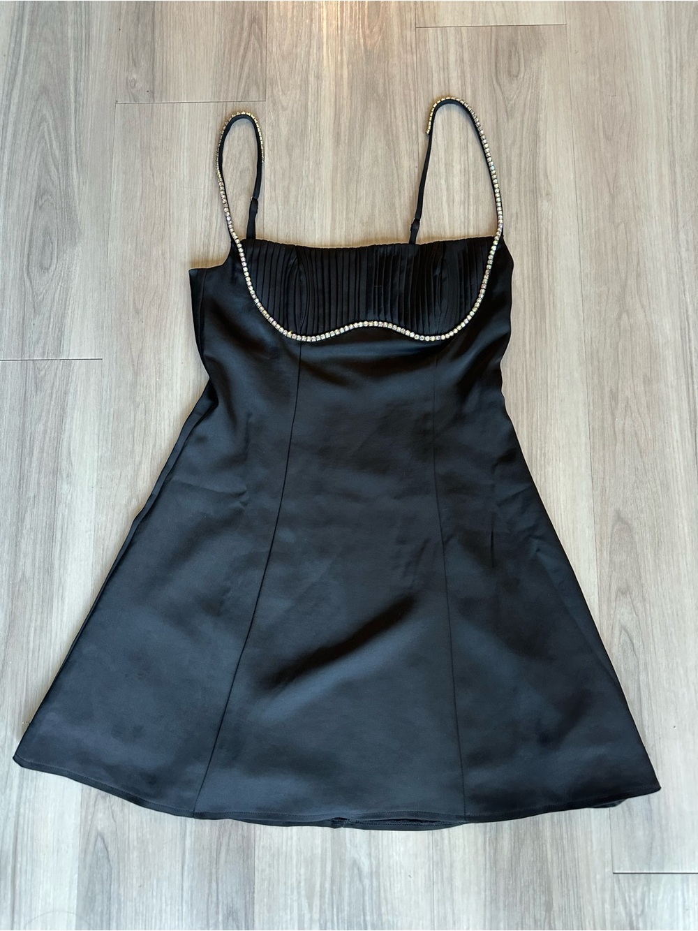 ASTR the Label Mina Satin Mini Dress with Rhinestone Trim in black Size XS